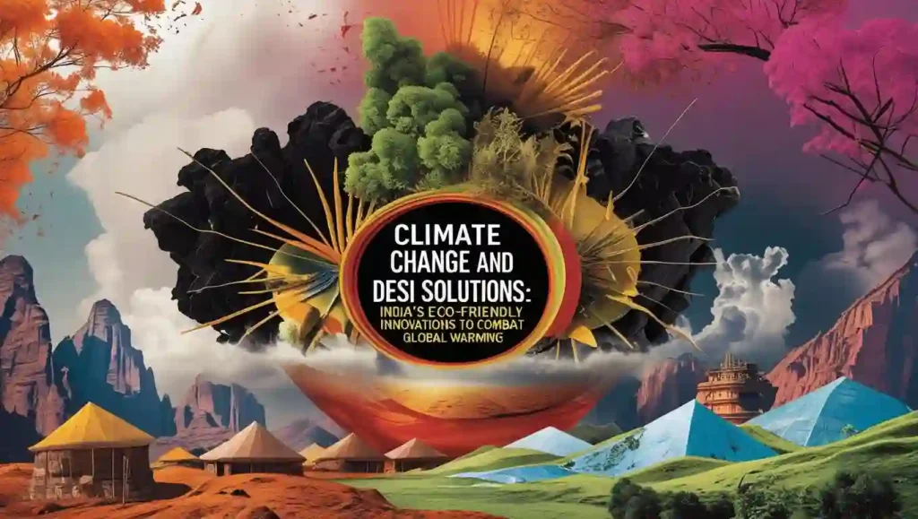 Climate change India, desi solutions, solar-powered villages, sustainable farming, global warming effects, eco-friendly innovations, climate-smart agriculture, bamboo products, water harvesting, net-zero India.