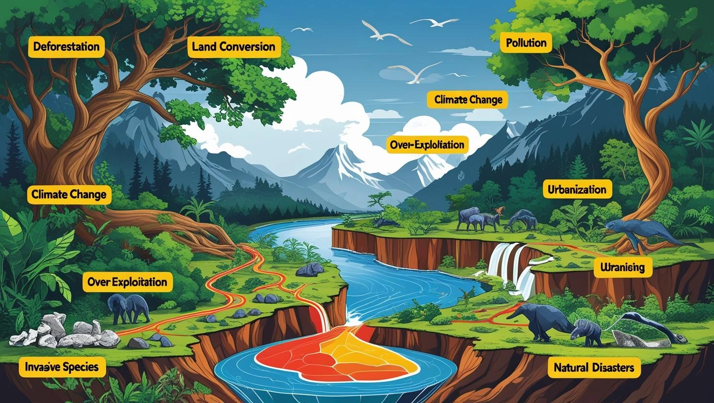 Ecosystems Get Destroyed by Deforestation and Land Conversion, pollution, climate change, over-exploitation, Urbanization, invasion species, and natural disaster with well labelled diagram