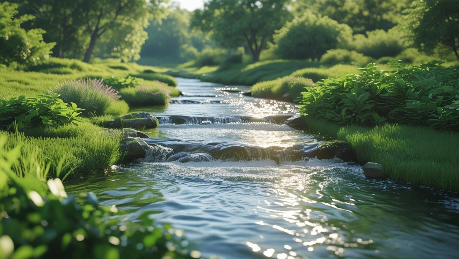 A visually appealing photograph of a watershed, depicting a serene landscape with a clear stream flowing through lush greenery, sunlight dappling the water's surface, and a sense of tranquility; realistic style, vibrant colors, landscape orientation.